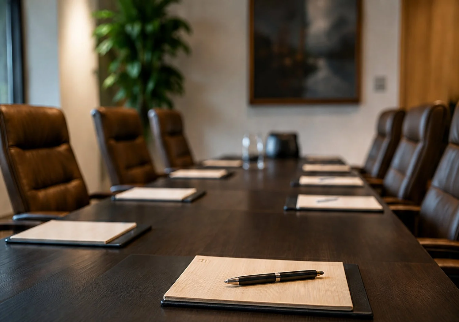 modern-executive-conference-room-meeting-table A modern executive conference room with a dark wood table and plush leather chairs. Notebooks and pens are laid out for a meeting, with two glasses of water on the table. A large plant and a framed painting add to the sophisticated ambiance of the corporate space.